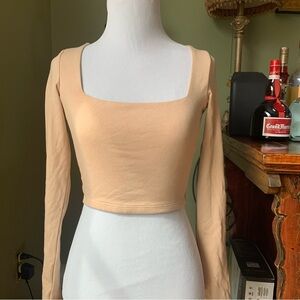 NWT New Zara tan long sleeve square neck knit top slightly cropped Size S #Zara